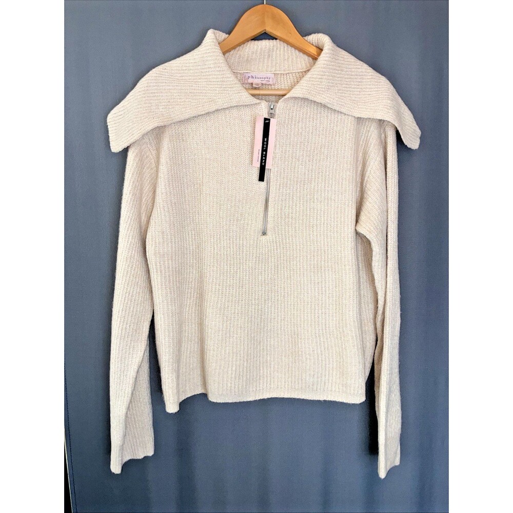 Philosophy Oversized Collar Ribbed Sweater Sz L Vanilla Beige Cotton Wool Luxury